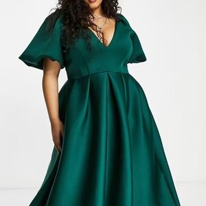 Emerald Green Puff Sleeve V-Neck Fit and Flare Midi Dress
